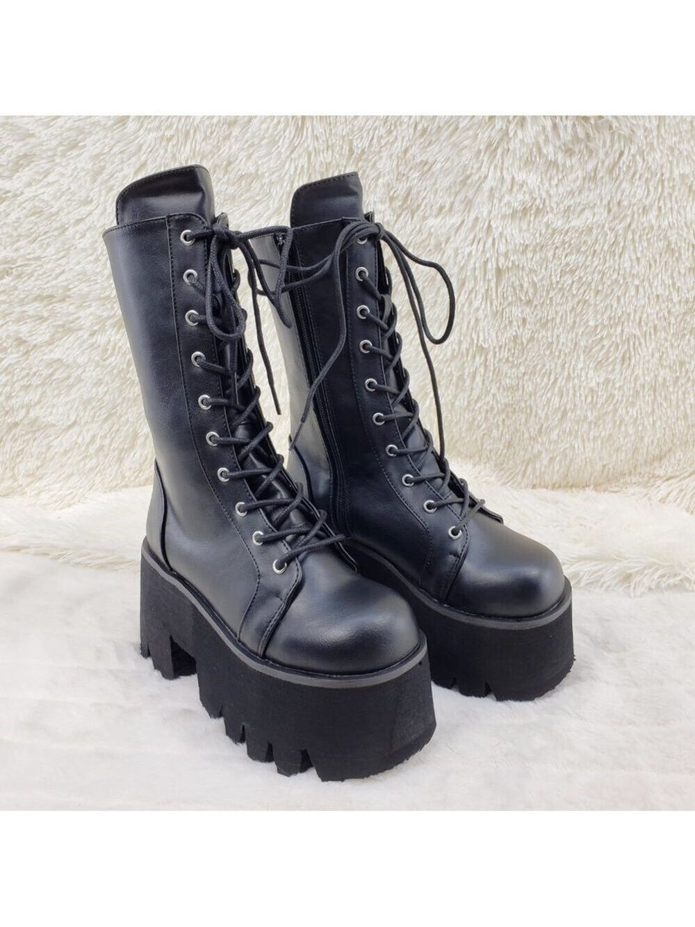 Ashes Black Matte Platform Goth Punk Mid Calf Combat Boots - Picture 4 of 14